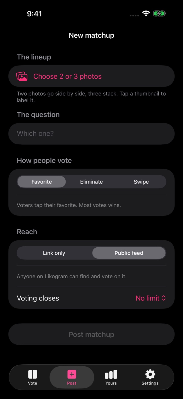 The Post screen: a photo picker, a question field, the Favorite / Eliminate / Swipe mode picker, reach, and a voting deadline.
