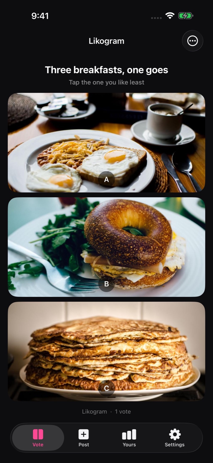 Likogram on iPhone: a matchup of three breakfast photos with the prompt 'Three breakfasts, one goes' and the instruction 'Tap the one you like least'.