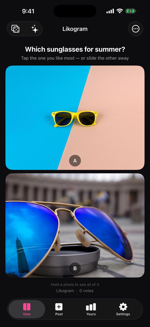 Likogram on iPhone: two sunglasses photos stacked, with the question 'Which sunglasses for summer?'